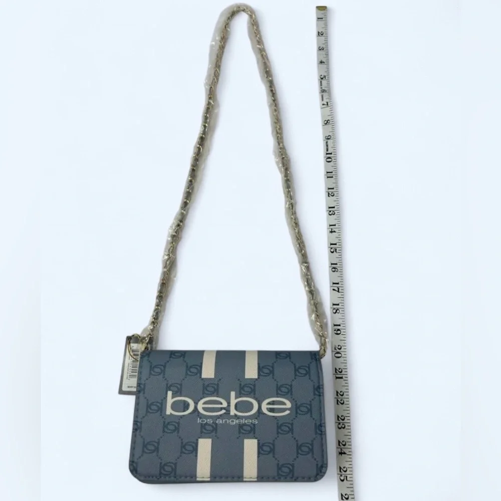 Bebe NWT Paisley Flap Crossbody Denim Blue Logo Bag Gold Chain Strap - Picture 3 of 9